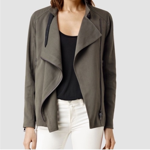 Allsaints Wren Biker Draped Jacket in olive green and black leather - Picture 1 of 13